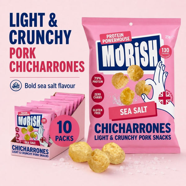 Product overview with pack of pork chicharrónes sea salt and multipack | Morish Snacks