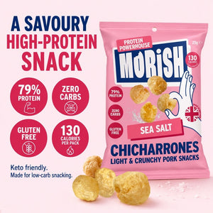 Pack of pork chicharrónes sea salt presented as high protein snack | Morish Snacks