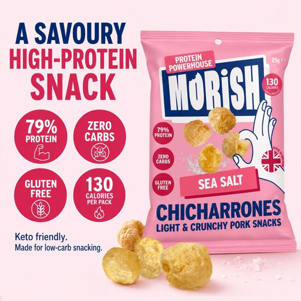 Pack of pork chicharrónes sea salt presented as high protein snack | Morish Snacks