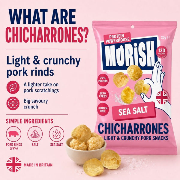 Product explained with pack of pork chicharrónes sea salt | Morish Snacks