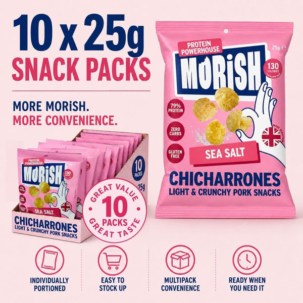 Pack and multipack benefits of pork chicharrónes sea salt | Morish Snacks