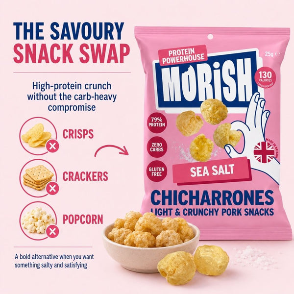 Pack of pork chicharrónes sea salt as alternative to high carb snacks | Morish Snacks