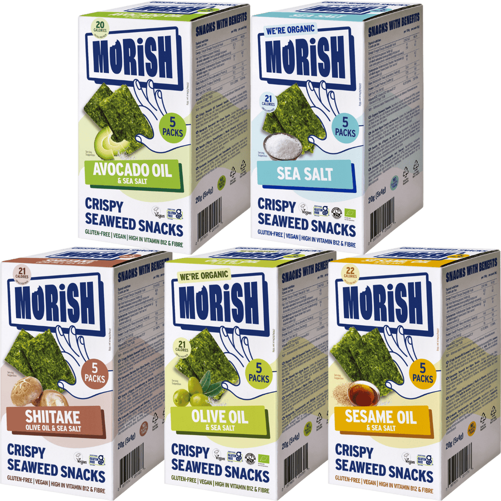 Cases with 5 different crispy seaweed snack flavours | Morish Snacks