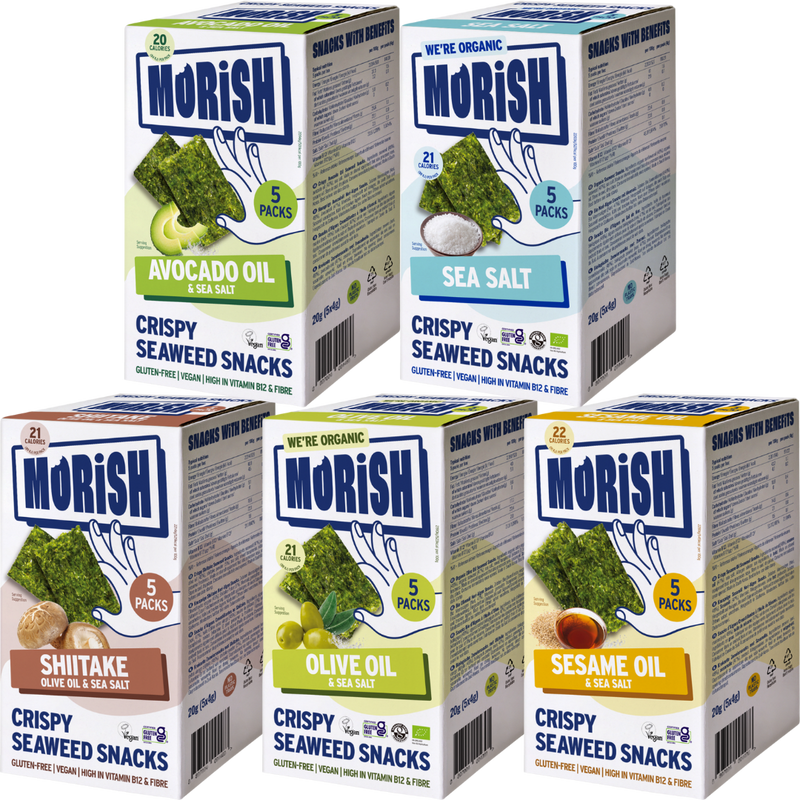 Cases with 5 different crispy seaweed snack flavours | Morish Snacks