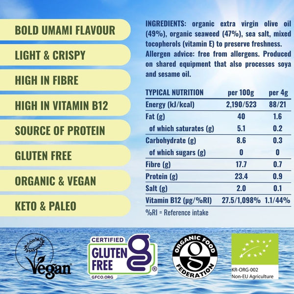 Attributes and nutritionals for organic olive oil seaweed | Morish Snacks