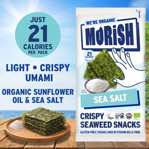 Plate and pack with organic sea salt seaweed in front of ocean | Morish Snacks