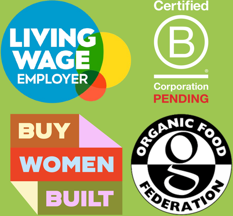 Living Wage, B Corp, BWB and Organic Food logos | Morish Snacks